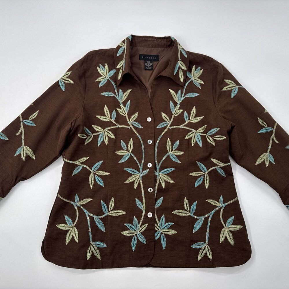 SilkLand Blazer Jacket Womens XL Silk Brown Floral Leaves Embroidered Lined Fall